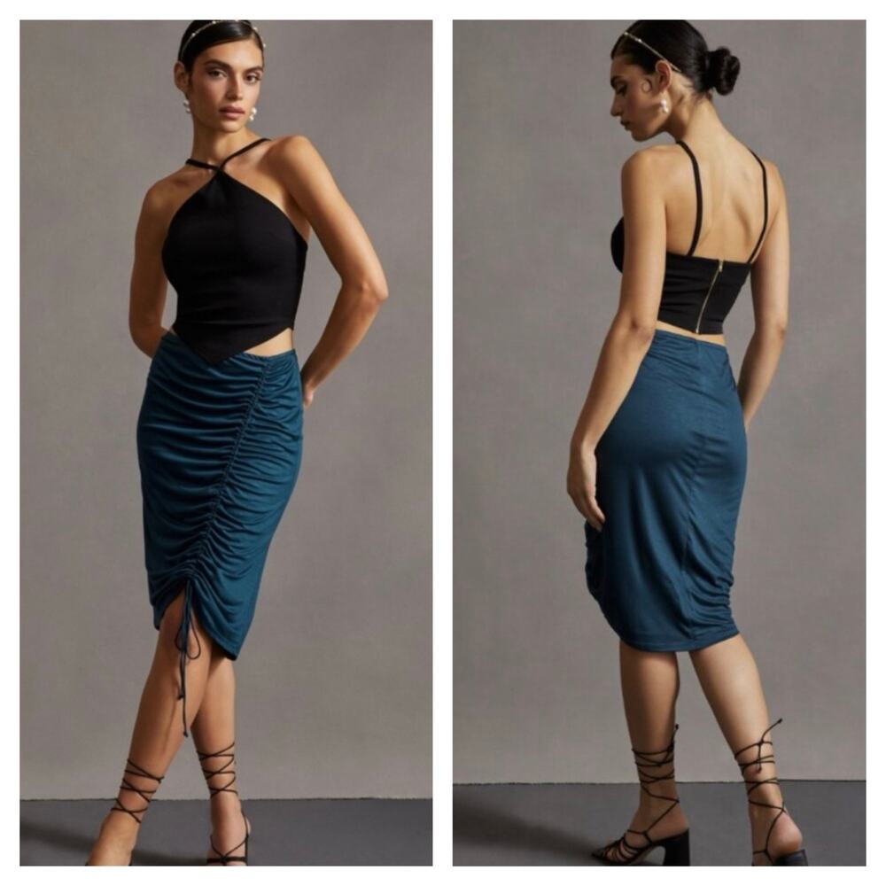 🧺 5 for $25 Sale Anthro Ruched Midi Skirt XS Deep Teal Emerald Cinched